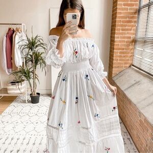 Mi Golondrina Rosalia Embroidered Off The Shoulder White Maxi Dress Size XS